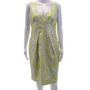 The Wrights Womens Printed V Neck Sleeveless Sheath Dress Silver Yellow Size 8
